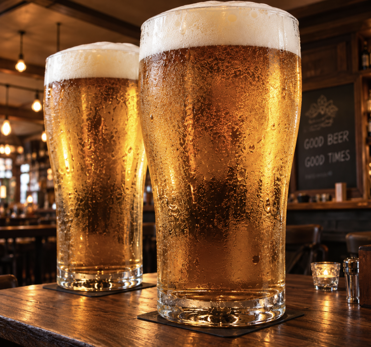 Two pints of beer in a pub — All looks normal to me.