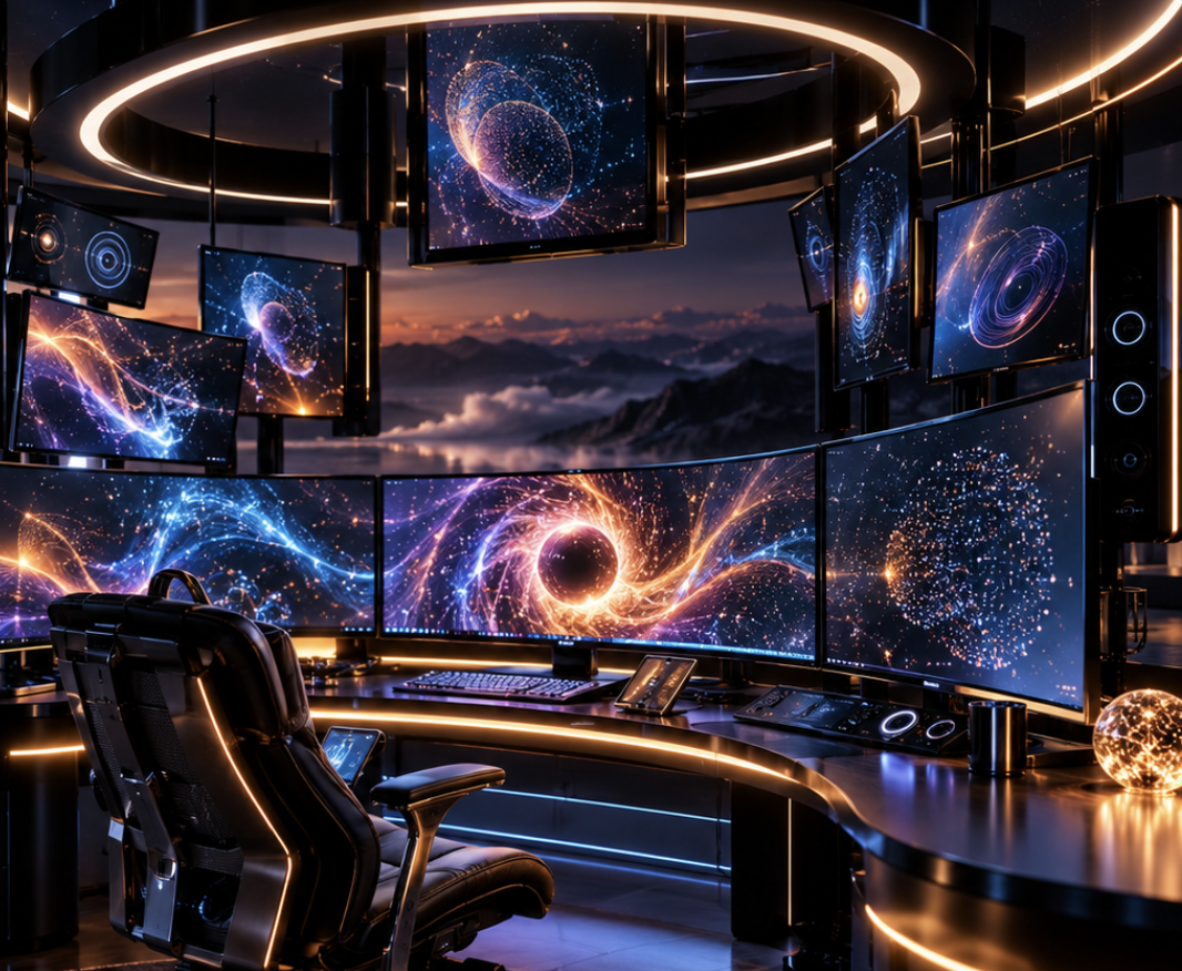 Elaborate multi-monitor desk setup — This image has been exaggerated.